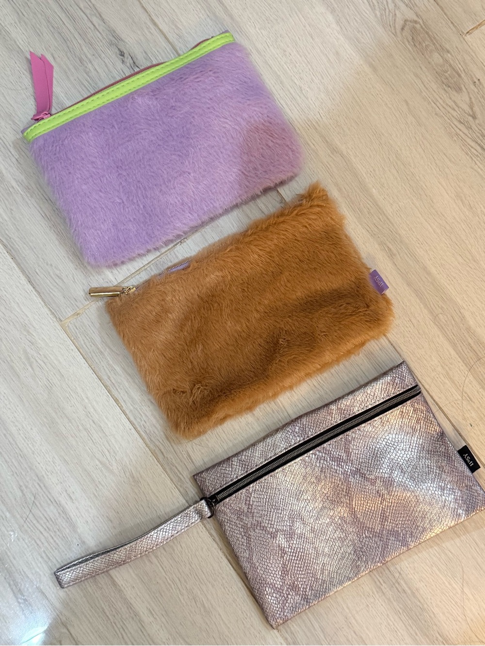 Set of 3 Plush & Metallic Cosmetic Pouches - Lavender, Camel, Metallic Rose